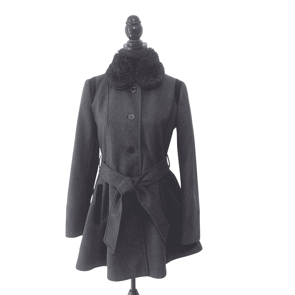 Laundry by Design Women Charcoal Gray Wool Blend Faux Fur Collar Belted Coat M
